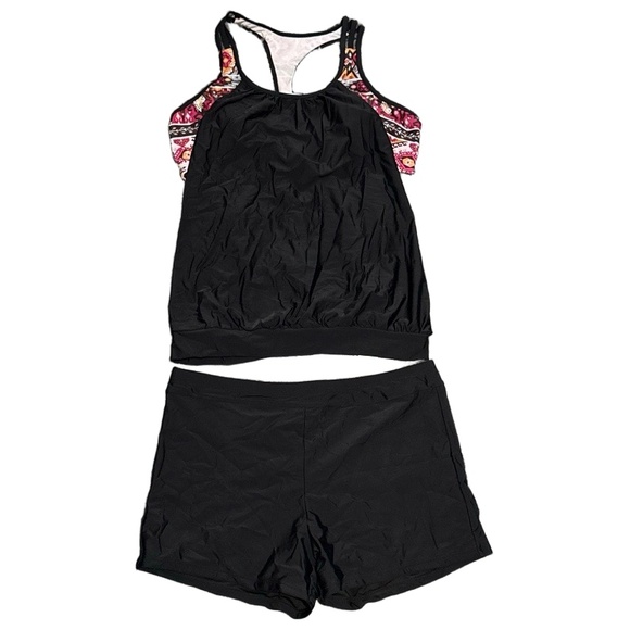 HOLIPICK 2PC Swim Set Womens 18W Black Multi-Color Tribal Tummy Control Beach - Picture 1 of 9